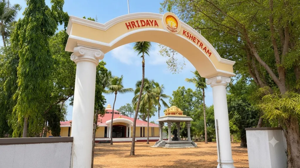 Entrance arch of Hridaya Kshetram, Ganga Maa&rsquo;s new ashram on Vediappanur Road, Tiruvannamalai, with the satsang hall and a small shrine among palm trees beyond